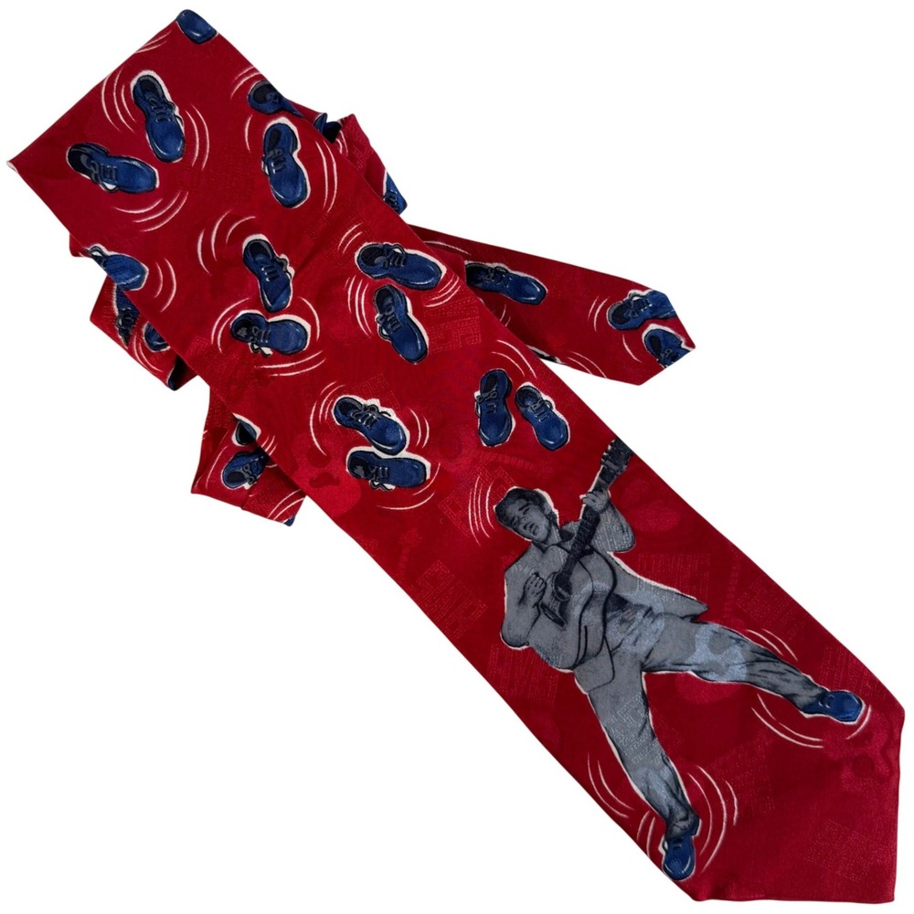 Vintage 1993 Elvis Presley Blue Suede Shoes Red Silk Tie 56.5"
